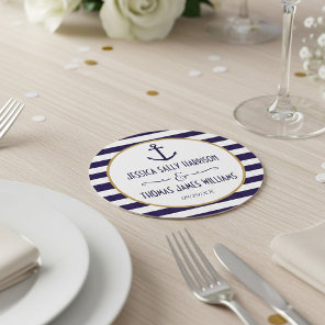 Nautical Navy & White Stripe Anchor Wedding Round Paper Coaster