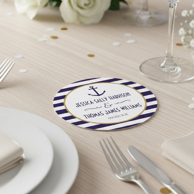 Nautical Navy & White Stripe Anchor Wedding Round Paper Coaster (Creator Uploaded)