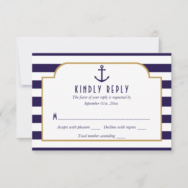 Nautical Navy & White Stripe Anchor Wedding RSVP (Front)