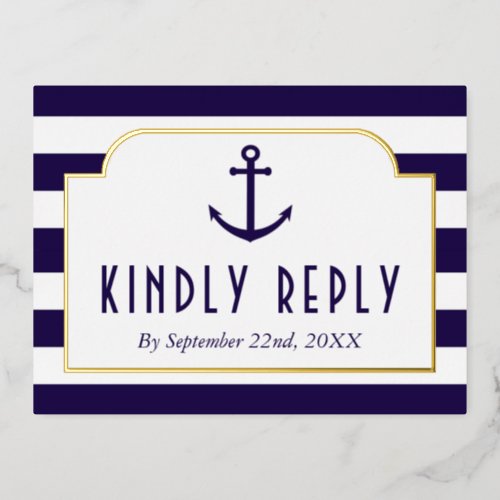 Nautical Navy  White Stripe Anchor Wedding RSVP Foil Invitation Postcard