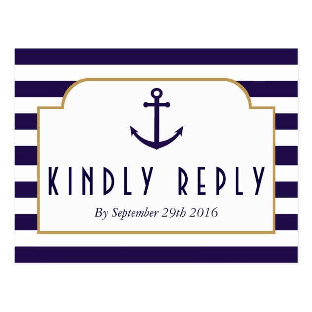 Nautical Navy & White Stripe Anchor Wedding RSVP Postcard