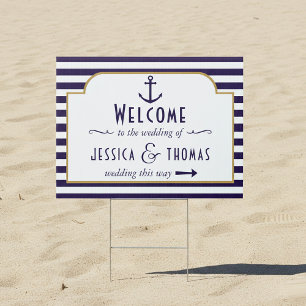 Nautical Navy & White Stripe Anchor Wedding Sign