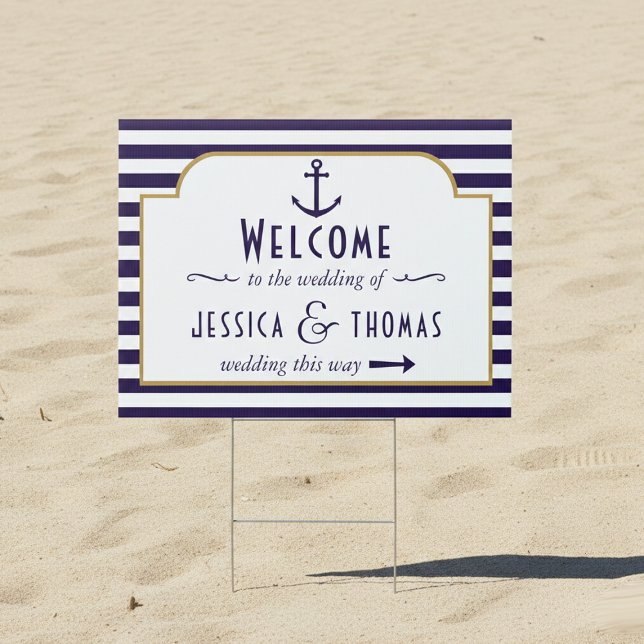 Nautical Navy & White Stripe Anchor Wedding Sign (Creator Uploaded)