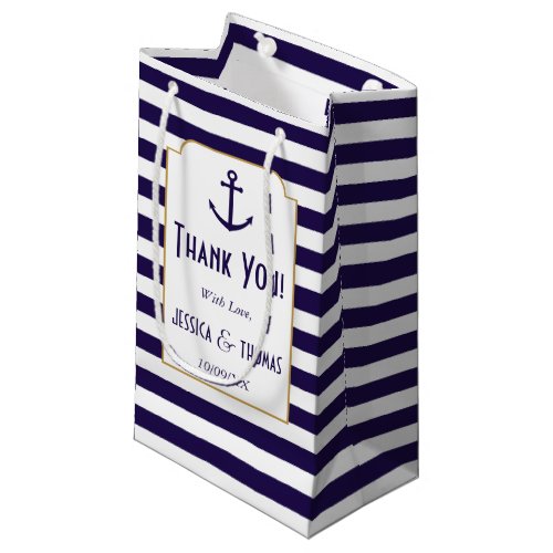 Nautical Navy  White Stripe Anchor Wedding Small Gift Bag