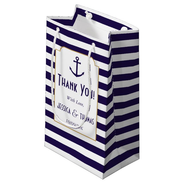 Nautical Navy & White Stripe Anchor Wedding Small Gift Bag (Front Angled)