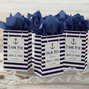 Nautical Navy & White Stripe Anchor Wedding Small Gift Bag