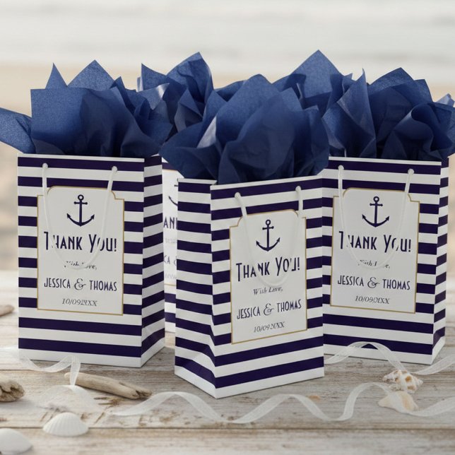 Nautical Navy & White Stripe Anchor Wedding Small Gift Bag (Creator Uploaded)