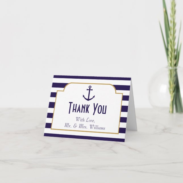Nautical Navy & White Stripe Anchor Wedding Thank You Card (Front)