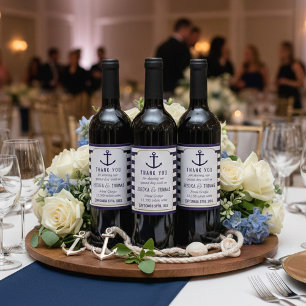 Nautical Navy & White Stripe Anchor Wedding Wine Label
