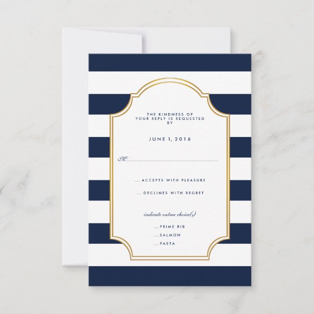 Nautical Navy | White Stripe Modern Wedding RSVP Card (Front)