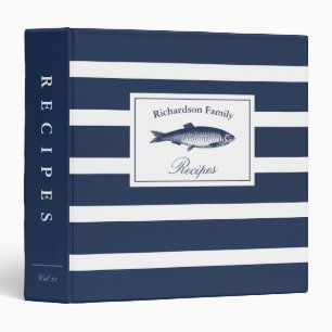 Nautical Navy White Stripe Nautical Family Recipe 3 Ring Binder