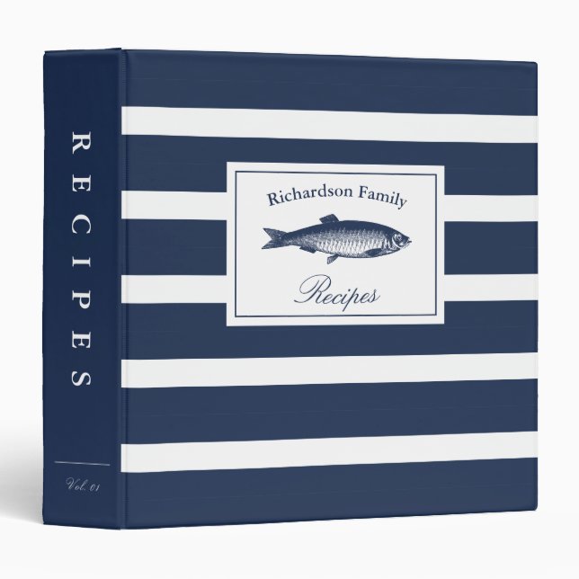 Nautical Navy White Stripe Nautical Family Recipe  3 Ring Binder (Front/Spine)