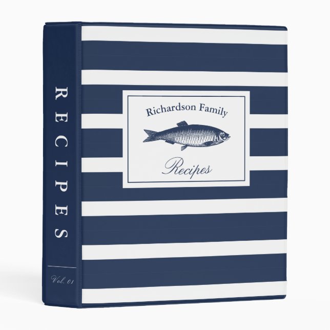 Nautical Navy White Stripe Nautical Family Recipe  Mini Binder (Front/Spine)
