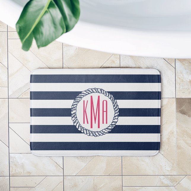 Nautical Navy & White Stripe w/ Pink Monogram Bathroom Mat (Creator Uploaded)
