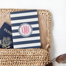 Nautical Navy &amp; White Stripe w/ Pink Monogram Passport Holder