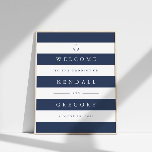 Nautical Navy  White Stripe Wedding Welcome Sign