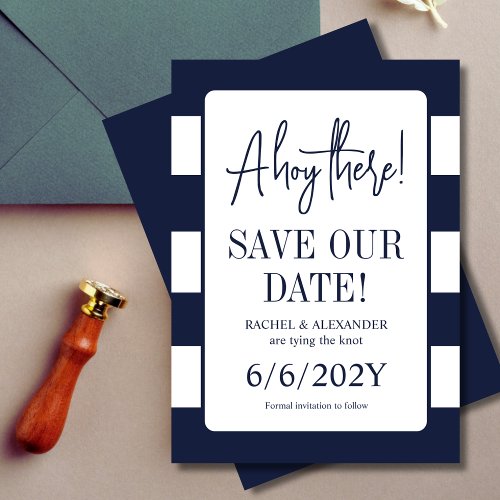 Nautical Navy White Striped Tying the Knot Wedding Save The Date