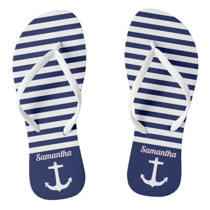 navy and white flip flops