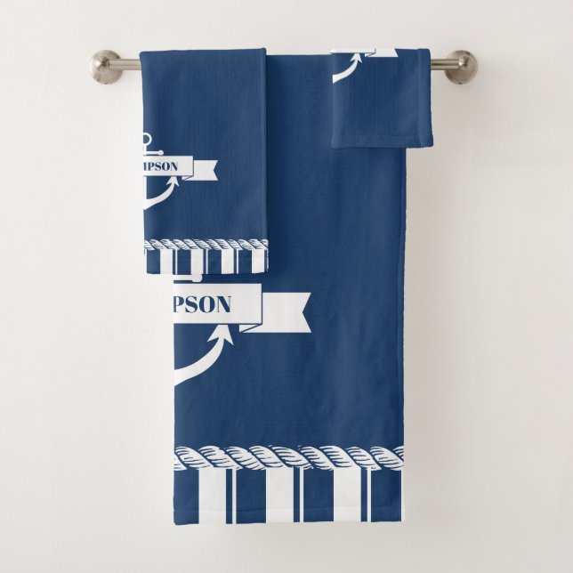 Nautical Navy White Stripes Anchor Name Bath Towel Set (Insitu)