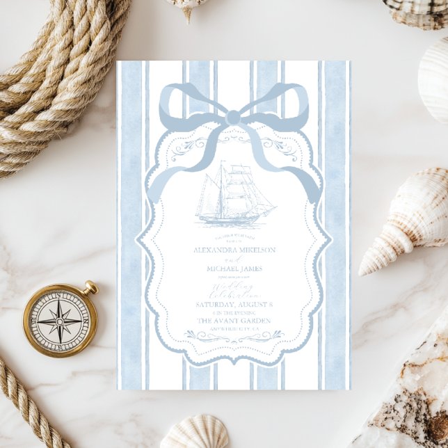 Nautical Navy White Stripes Boat Wedding Invitation (Creator Uploaded)