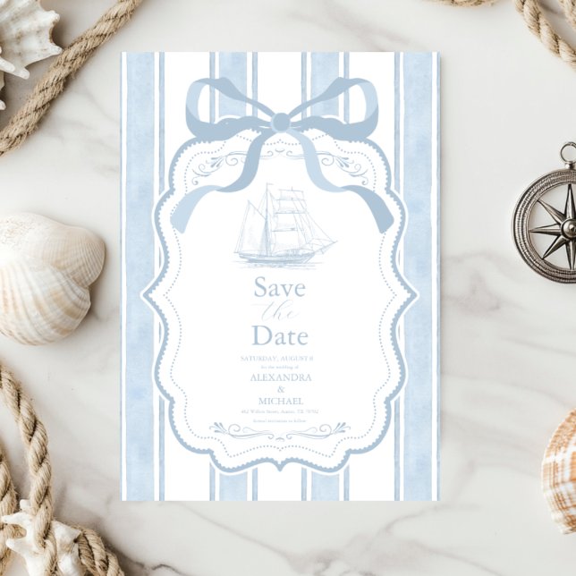 Nautical Navy White Stripes Boat Wedding Save The Date (Creator Uploaded)