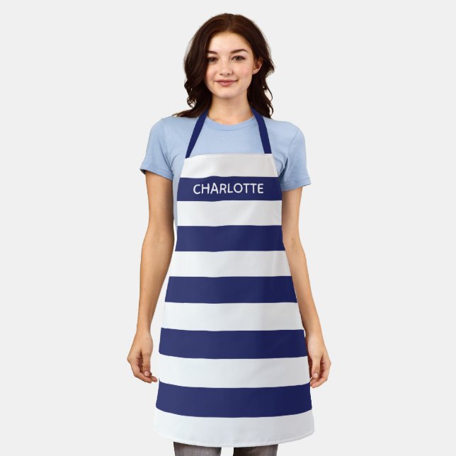 Nautical navy white stripes custom monogram name apron (Worn)