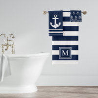 Nautical Navy White Stripes Heart Anchor Monogram