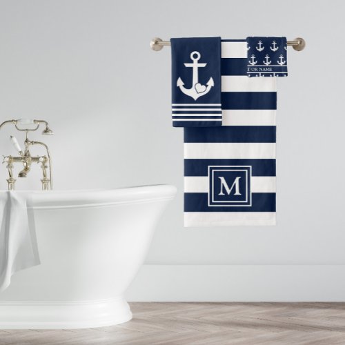 Nautical Navy White Stripes Heart Anchor Monogram Bath Towel Set