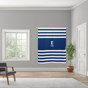 Nautical Navy White Stripes Monogram Blackout Curtains