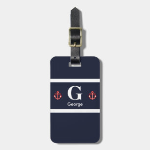 Nautical Navy White Stripes Monogram Luggage Tag