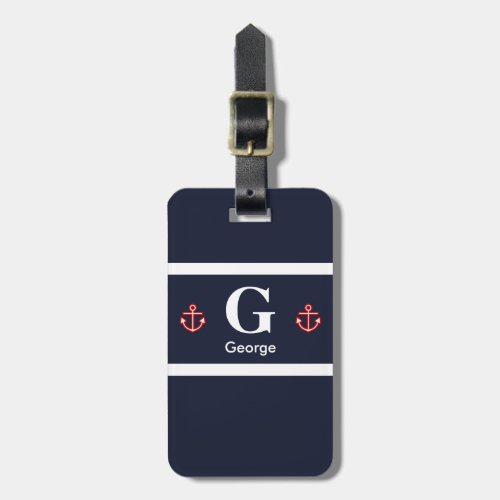 Nautical Navy White Stripes Monogram Luggage Tag