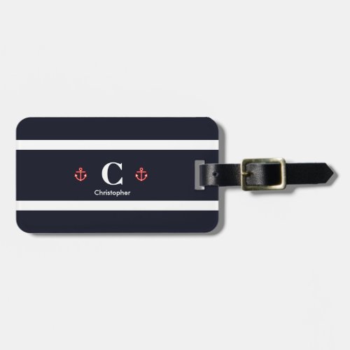 Nautical Navy White Stripes Monogram Luggage Tag