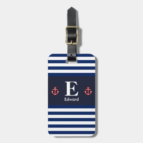 Nautical Navy White Stripes Monogram Luggage Tag