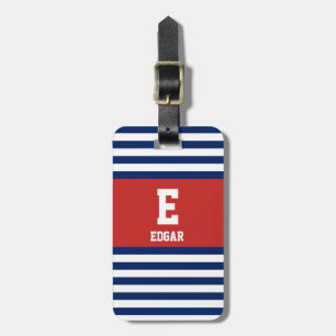 Nautical Navy White Stripes Monogram Luggage Tag
