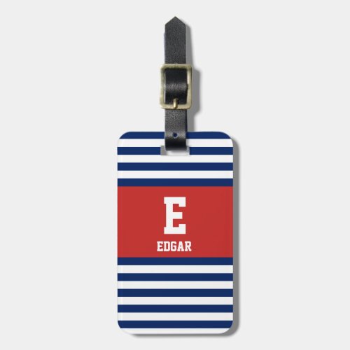 Nautical Navy White Stripes Monogram Luggage Tag