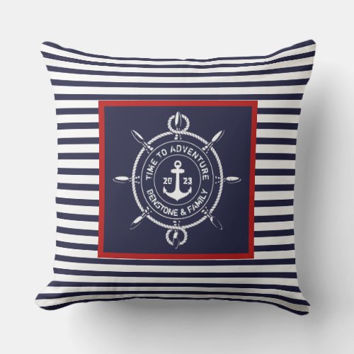 Nautical Navy White TIME TO ADVENTURE Outdoor Throw Pillow