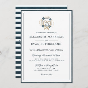 Nautical Navy & White Wedding Anchored in Love Invitation