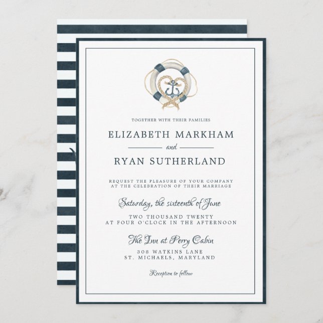 Nautical Navy & White Wedding | Anchored in Love Invitation (Front/Back)