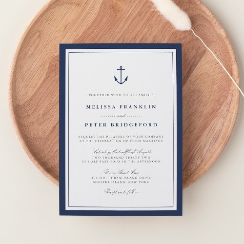 Nautical Navy  White Wedding Invitation  Anchor