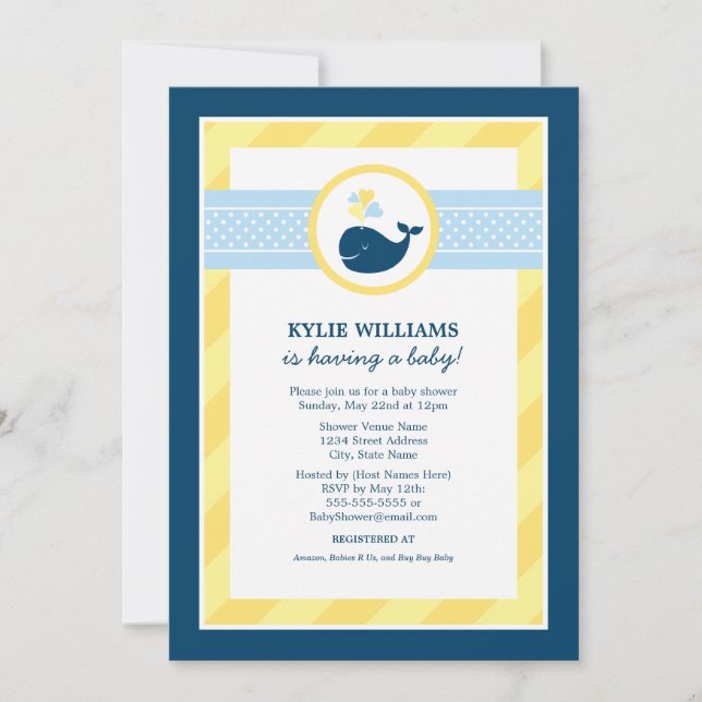 Nautical Navy Yellow Whale Baby Boy Shower Invitation (Front)