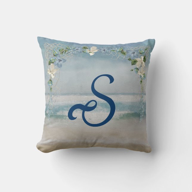 Nautical Net and Flowers With Monogram Throw Pillow (Front)