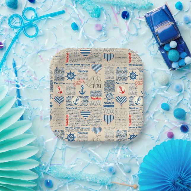 Nautical Newspaper Pattern Paper Plates (Party)