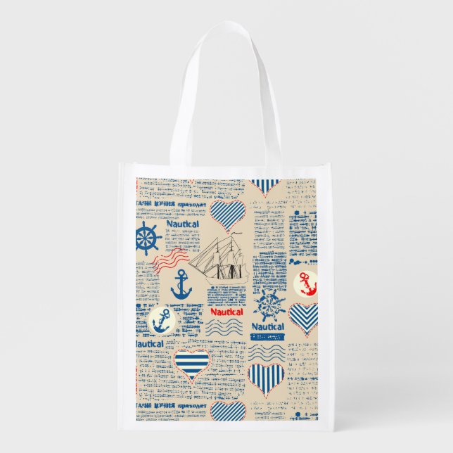 Nautical Newspaper Pattern Reusable Grocery Bag (Front)