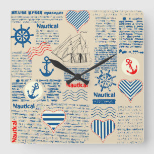 Nautical Newspaper Pattern Square Wall Clock