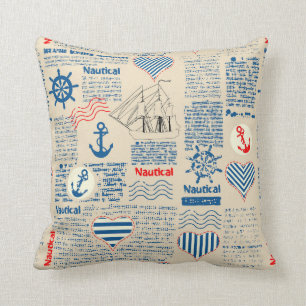 Nautical Newspaper Pattern Throw Pillow