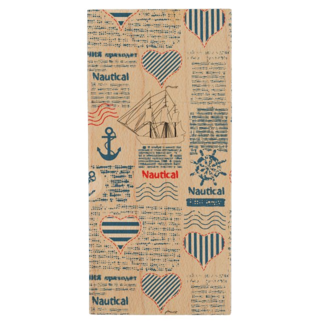 Nautical Newspaper Pattern Wood Flash Drive (Front Vertical)