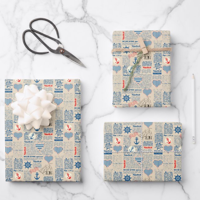 Nautical Newspaper Pattern Wrapping Paper Sheets (Front)