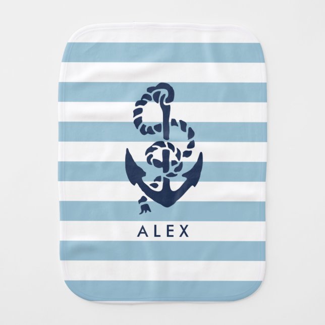 Nautical Nursery Blue Stripe Anchor Personalized Burp Cloth (Front)