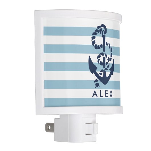 Nautical Nursery Blue Stripe Anchor Personalized Night Light (Right)