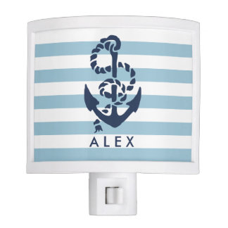 Nautical Nursery Blue Stripe Anchor Personalized Night Light